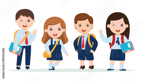 Four cheerful students walking together with school supplies and backpacks