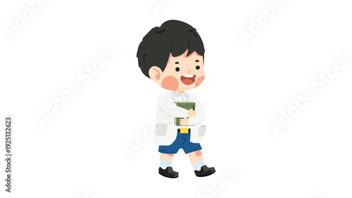 Cheerful young boy walking while holding a book and smiling happily