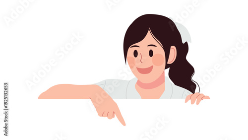 A cheerful young woman pointing towards the right side with a friendly smile.