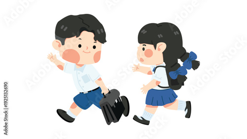Two schoolchildren racing with backpacks in a playful manner