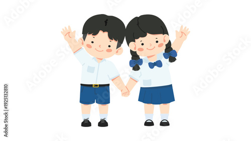 Two children in school uniforms waving cheerfully together