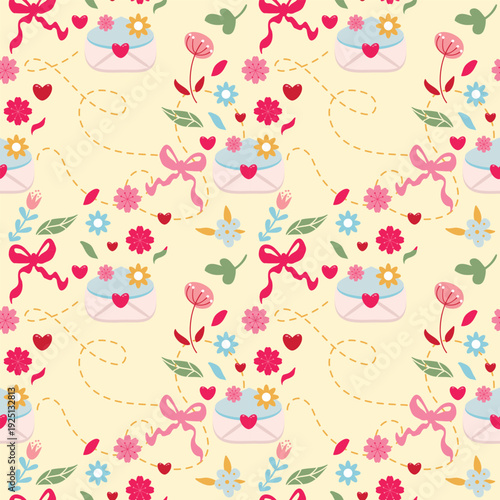 Seamless holiday pattern with love letters, pink hearts and spring flowers. Vector romantic background with envelopes and ribbons for gift wrapping and greeting cards.