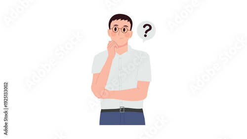 Curious individual pondering a question with thoughtful expression and hand on chin.