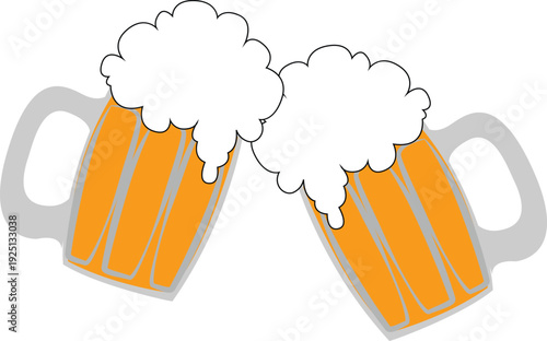Two cartoon beer mugs clinking with frothy white foam toast celebration