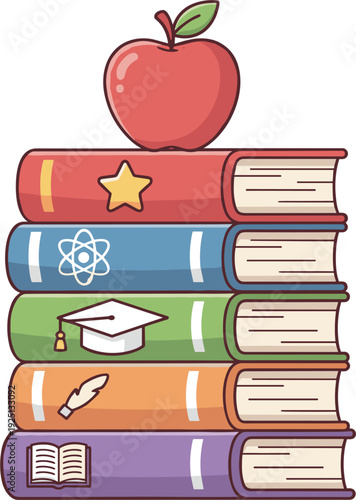 Stack Of Books With Apple On Top And Educational Icons In Pixel Art Style
