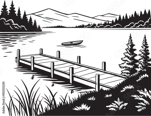 Scenic Wooden Dock Pier on Calm Mountain Lake Illustration