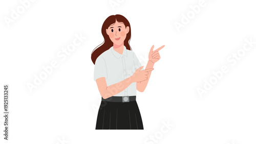 A woman pointing upwards with a confident and expressive demeanor
