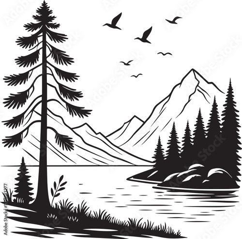 Mountain Forest Landscape with Flying Birds and Pine Trees