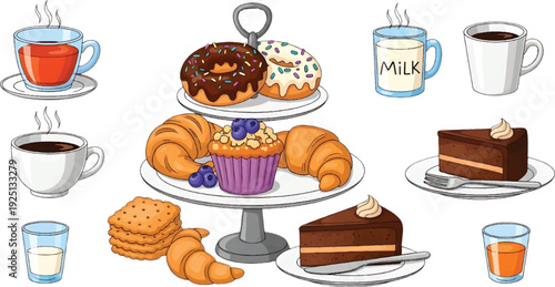 Delicious pastries and coffee for breakfast vector illustration. Cartoon set with croissant, cinnamon roll, muffin, and chocolate donut. Cozy morning treat from a cafe or bakery.