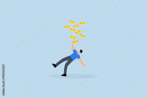 Financial mistake losing money, awkward businessman investor slipped on the wet floor and lost all of his dollar coins