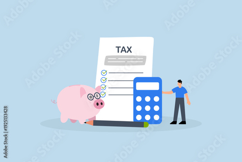 Income tax filing, Experienced entrepreneur finished tax form using calculator.