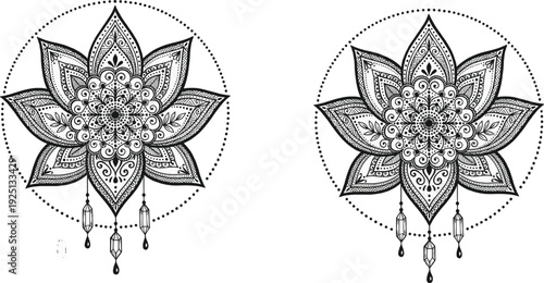 Lotus flower mandala vector, hand drawn ethnic floral ornament, spiritual yoga zen design, decorative bohemian motif with crystals, symmetry lace illustration