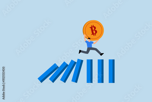 Cut loss from Bitcoin and cryptocurrency collapse, Entrepreneur investor holding bitcoin hurrying to escape collapsing domino effect
