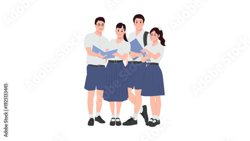 A happy family of four standing together in matching school uniforms