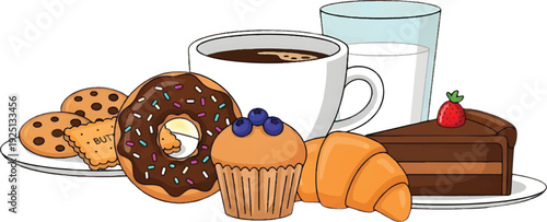 Delicious pastries and coffee for breakfast vector illustration. Cartoon set with croissant, cinnamon roll, muffin, and chocolate donut. Cozy morning treat from a cafe or bakery.