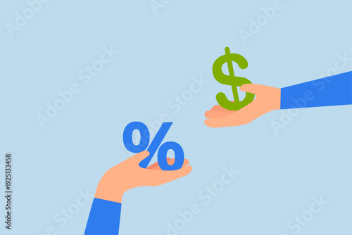 Investment profit earnings, Businessman hand holds out a percentage sign while the other hand offers dollar bills