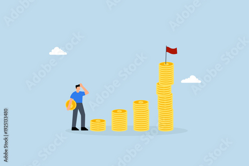 Start invest in stock market, young office man begins to step on pile of money coins.