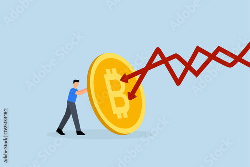 Bitcoin as safe haven of crypto and stock market crash, investor businessman obscured by shield of bitcoin.