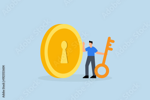 Financial key success, clever entrepreneur investor with a large golden key ready to open coin slot