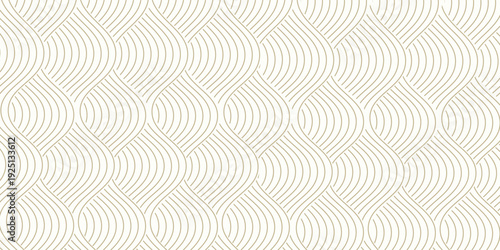 Art deco arc seamless wave pattern with gold circle arch stripe line, fish scale, repeat lattice background, vector illustration.