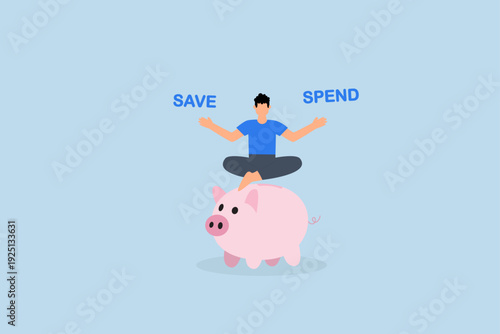 Money decision, Uncertain lady sitting on piggy bank, contemplating decision between saving or spending