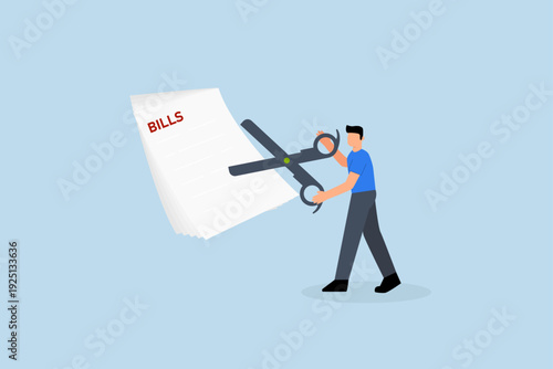 Cut bills to reduce cost and expense, Businessman employing large scissors to trim stack of bills and costs