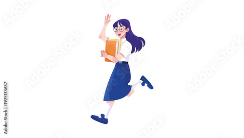 Excited student running with a backpack and waving cheerfully