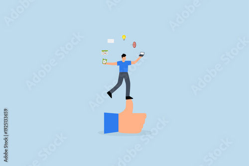 competence and ability to success in work, Skilled entrepreneur balancing work materials while giving  thumbs up gesture.