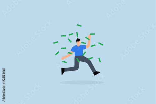 Success businessman achieve financial freedom, joyous businessman leaps high with a shower of money