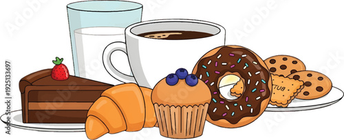 Delicious pastries and coffee for breakfast vector illustration. Cartoon set with croissant, cinnamon roll, muffin, and chocolate donut. Cozy morning treat from a cafe or bakery.