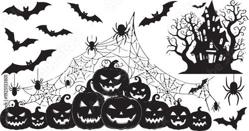 Halloween banner with haunted house. Poster with scary graveyard, full moon, spooky trees, tombstones and lantern pumpkins vector