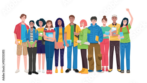 Diverse group of cheerful students standing together in unity