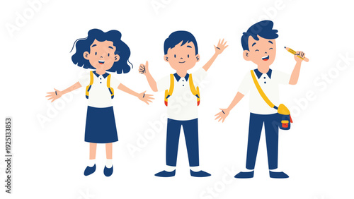 Three cheerful students waving in school uniforms with backpacks