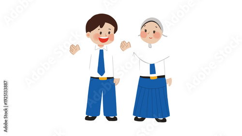 Two cheerful children wearing school uniforms and smiling broadly with arms outstretched