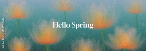 Beautiful Spring floral background. Vector illustration with grainy texture and soft-focus blooming flowers. Gentle gradient spring banner with blurred flowers for nature-themed branding, covers.