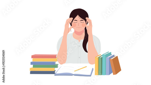 A student overwhelmed by a large pile of books and study materials