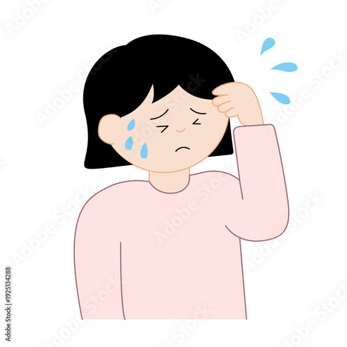 主線なしのフラットイラスト | 不安な表情で冷や汗をかきながら頭に手を当てる女性