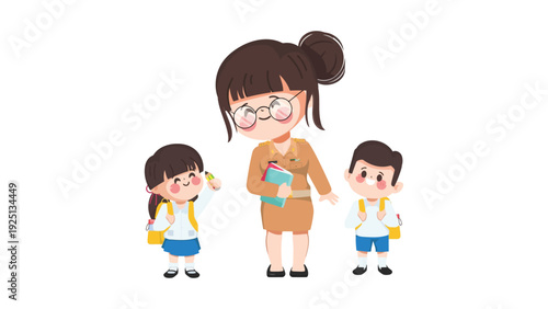 A teacher showing something interesting to two young students on a tablet device