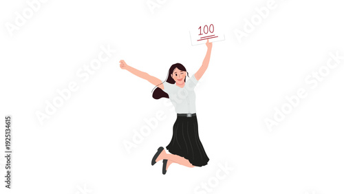 Professional woman celebrating a job promotion with arms raised in office attire