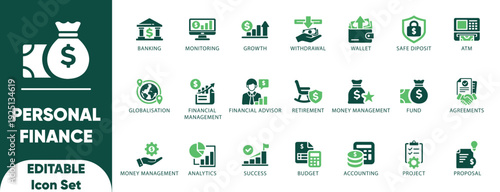 Personal Finance Icon Set. profit, revenue, monitoring, retirement, and financial, editable,and vector icons.
