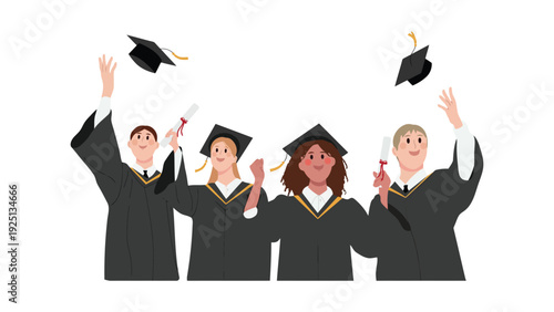 Four graduates joyfully celebrating their academic achievements with caps flying in the air