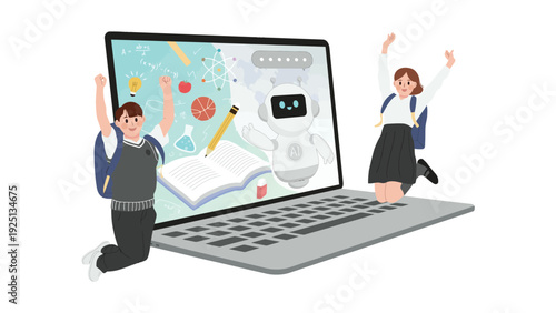 Excited students celebrating virtual learning with digital tools and robotics