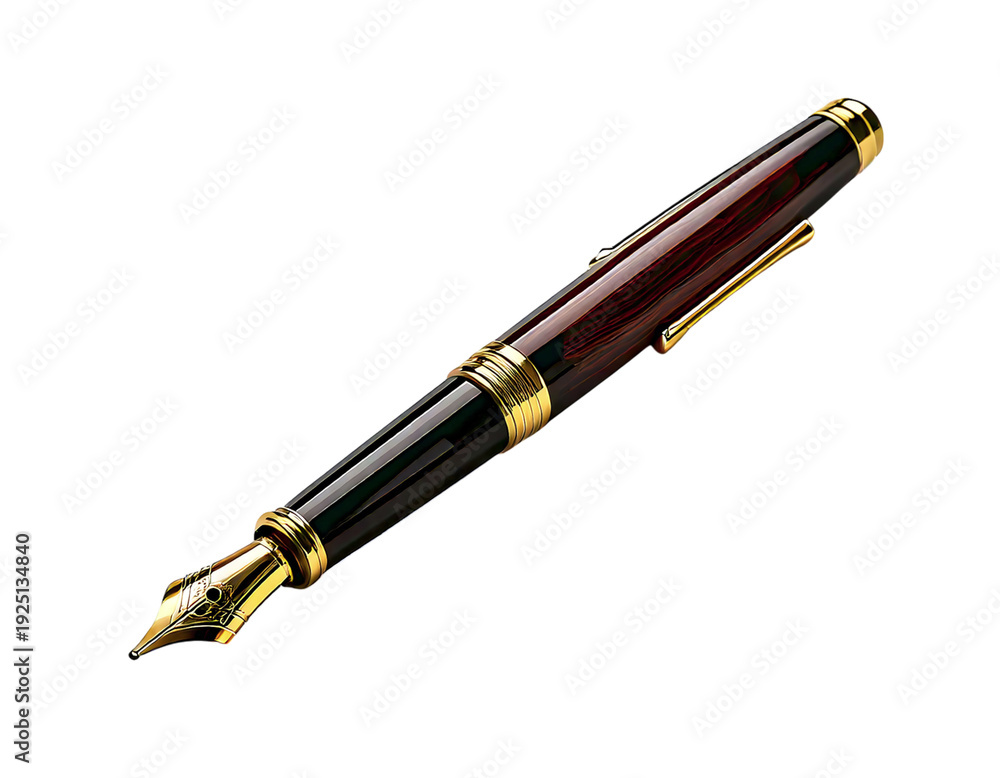Naklejka premium Elegant fountain pen with gold accents and rich wood grain detail. Perfect for showcasing luxury, success, or the art of writing. Ideal for websites, advertisements, or stationeryrelated content.