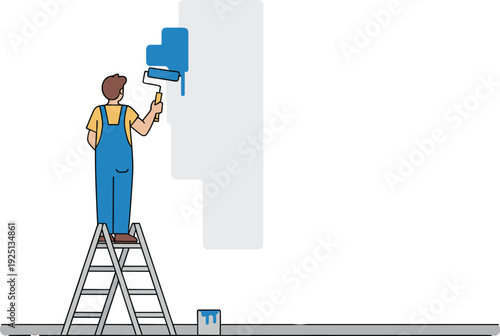 Man painting wall with roller on ladder, home renovation process, interior decoration concept, maintenance work, flat vector illustration design