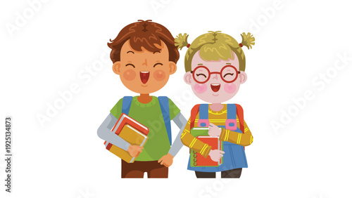 Two happy children holding books and school supplies on their first day of school