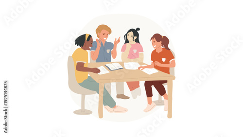 A diverse group of people collaborating around a table with documents and laptops