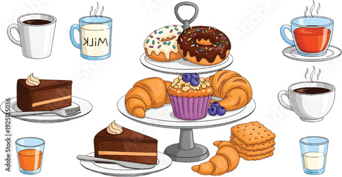 Delicious pastries and coffee for breakfast vector illustration. Cartoon set with croissant, cinnamon roll, muffin, and chocolate donut. Cozy morning treat from a cafe or bakery.