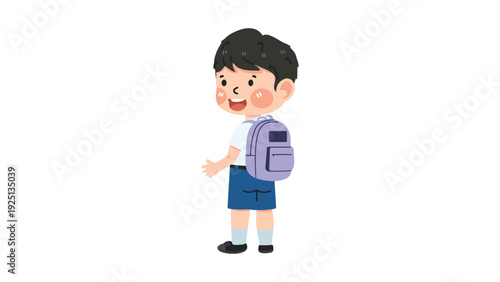 A cheerful young student standing with one hand raised and a backpack on his shoulders