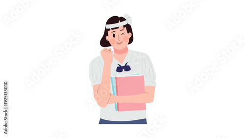 A thoughtful student pondering while holding a stack of books