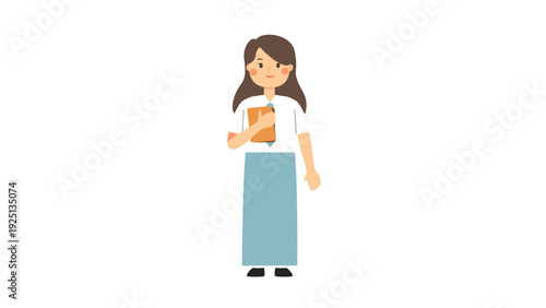 A woman holding a notebook and a small item while standing upright